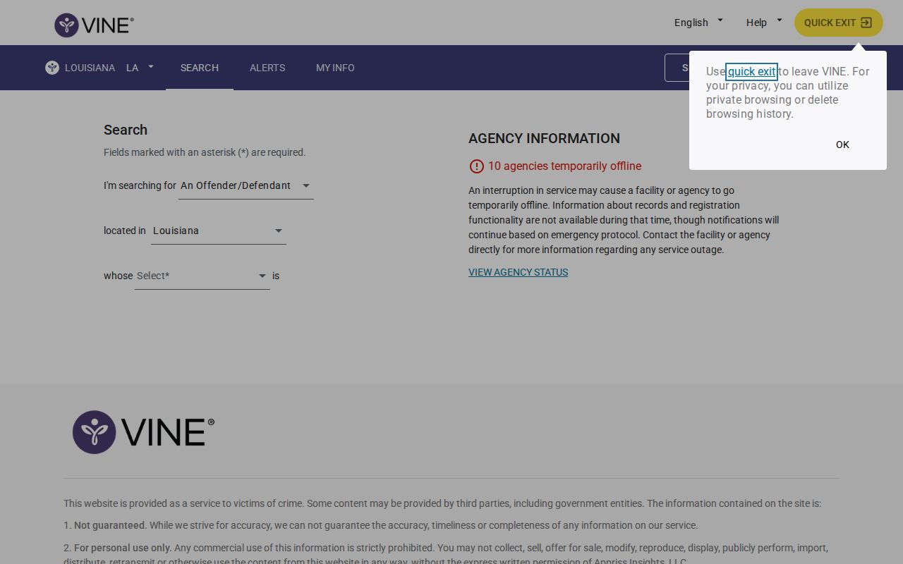 Louisiana VINE search for East Baton Rouge Parish released inmate status